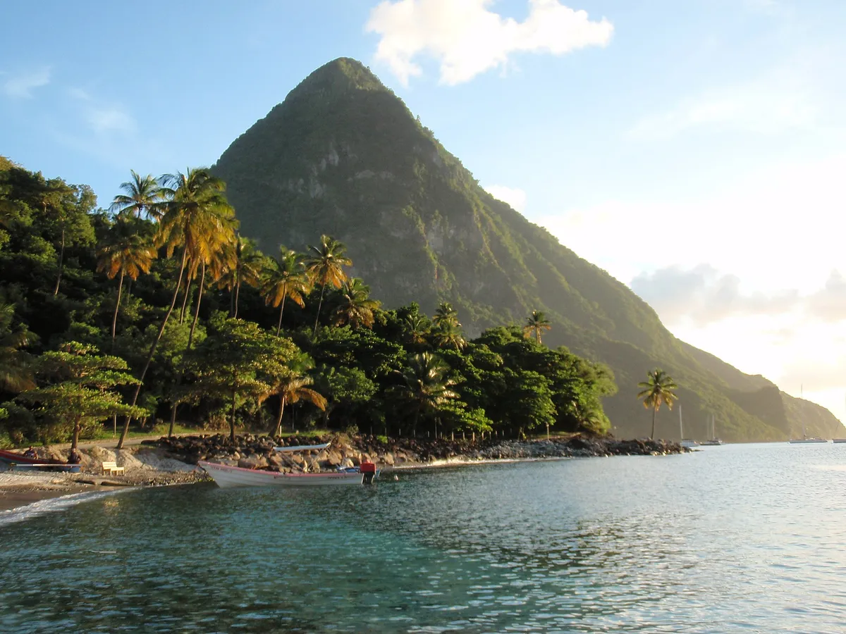 Sugar Beach seen from above between the Pitons on Saint Lucia's west coast