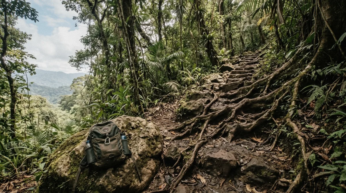 Steep rocky trail climbing through rainforest on the Gros Piton route, Saint Lucia