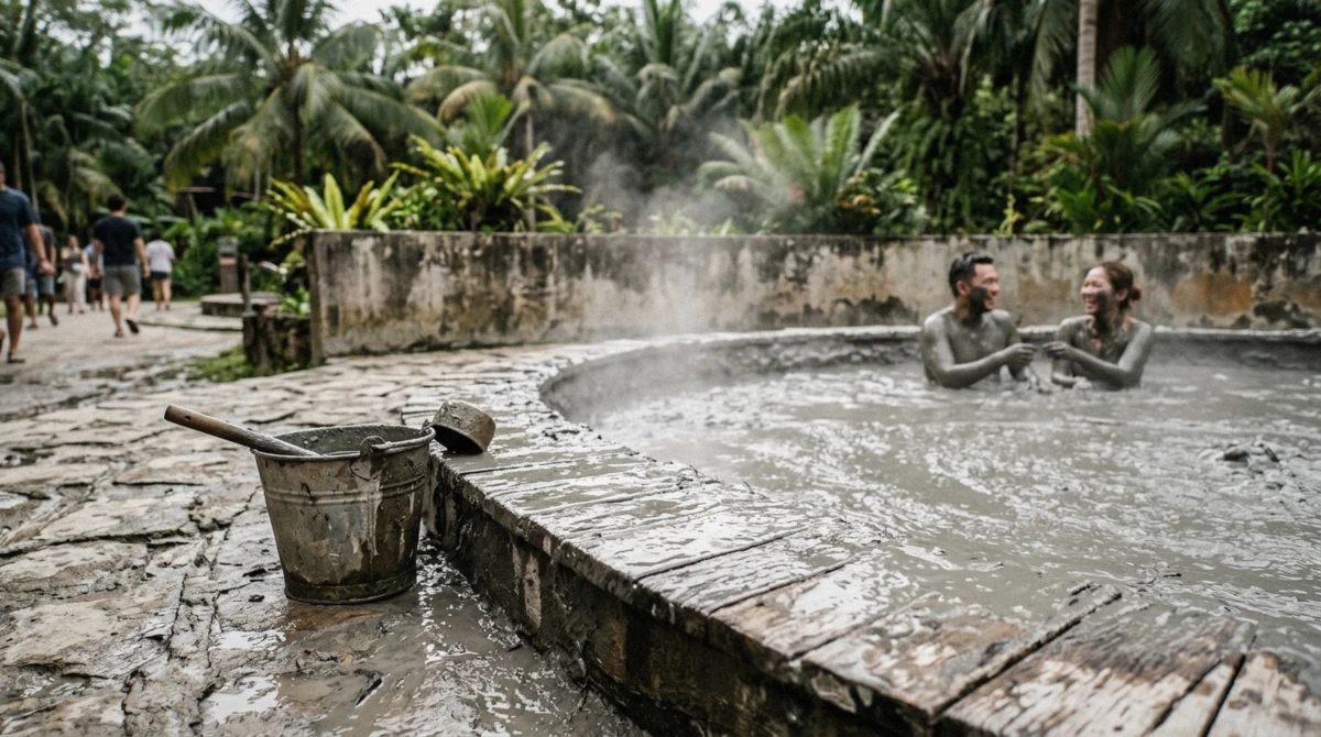 Visitors covered in grey mineral mud at the Sulphur Springs mud bath pools, Saint Lucia