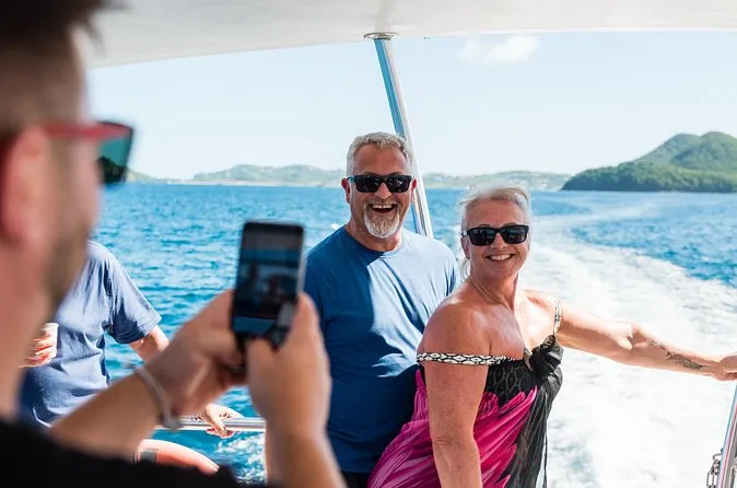 Catamaran under sail on the west coast of Saint Lucia on a full-day sightseeing cruise