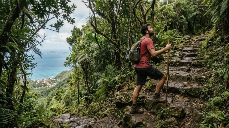 Hiker on the steep jungle trail of the Gros Piton hike in Saint Lucia
