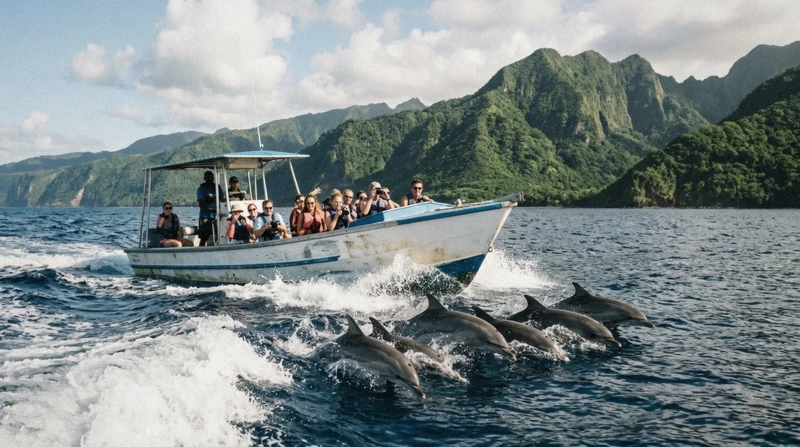 Dolphins swimming alongside a whale watching boat off the coast of Saint Lucia