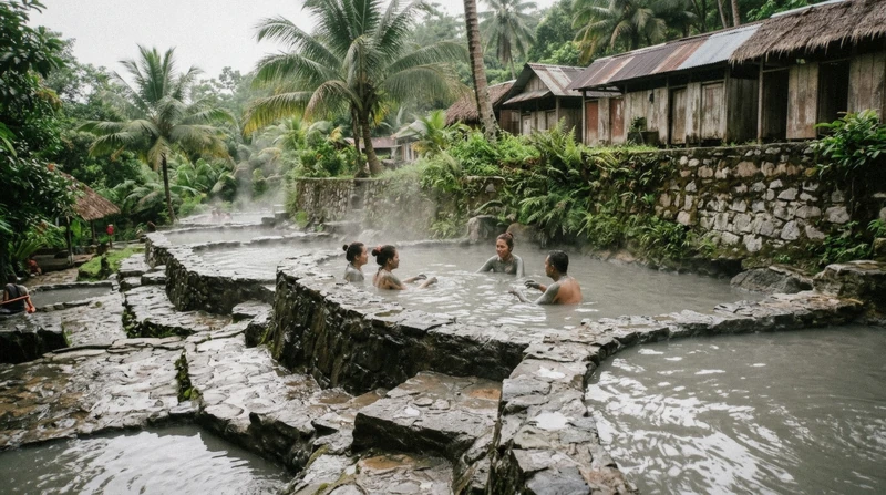Steam rising over the mineral baths of Sulphur Springs Park in Saint Lucia